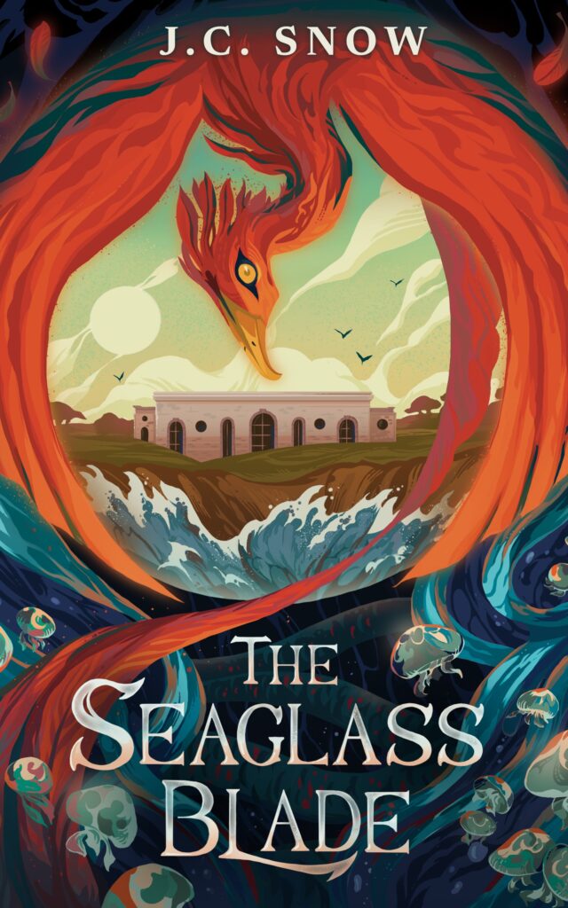 Book cover of The Seaglass Blade, by J.C. Snow. A phoenix wraps her wings protectively around a building on a cliff overlooking a dark sea filled with mysterious creatures.