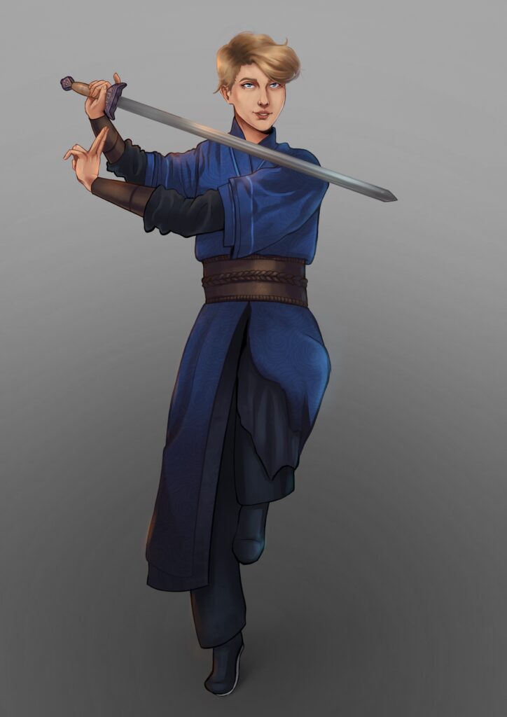 A white woman with short blond hair, wearing blue cultivation robes, and holding a sword in a formal martial arts pose.