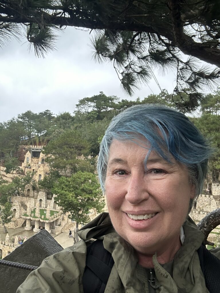 A giant clam underwater, with glowing blue algae; a beach with rough waves under clouds; a beach at dark with a few lights around the cove; the author drinking taho (soft tofu with sweet syrup); the author smiling in front of a castle of hand-set stones; a view of bright white clouds in a blue sky over a city in the hills.